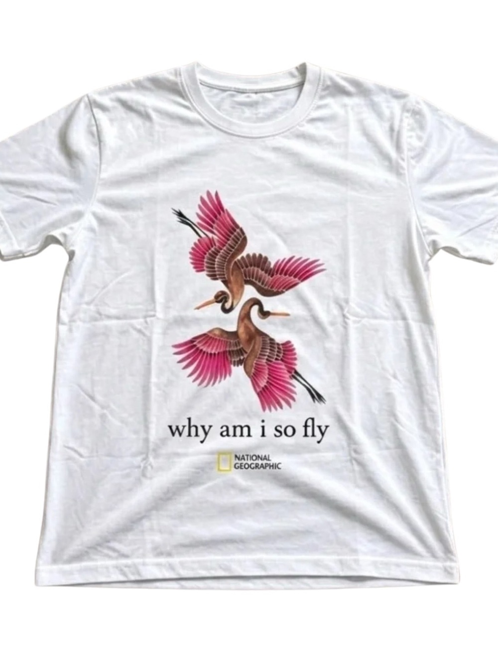 Gildan White Tee with Pink & Brown Bird Graphic - "why am i so fly"